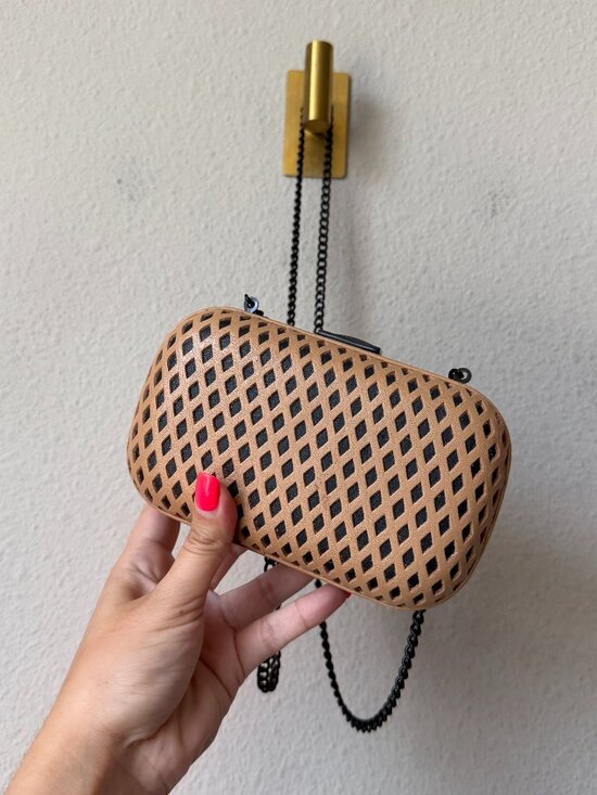 Loeffler Randall Handbags - Loeffler Randall Tan Black Leather Minaudière Laser Cut Clutch